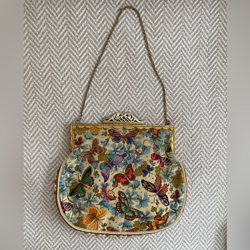 Antique Cream Multicolor Butterfly Embroidered Clutch w Chain & Mirror